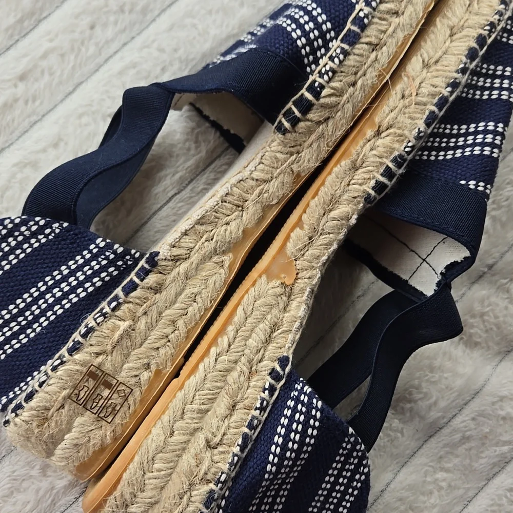 Navy Striped Espadrille Flats with Elastic V Panel